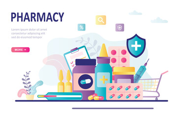 Bag with different medical pills and bottles. Healthcare, pharmacy landing page template. First aid kit, medicine chest.
