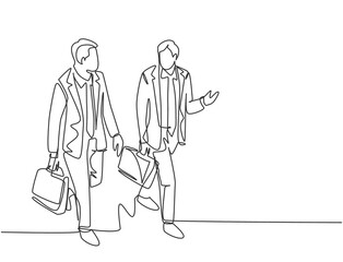 Single continuous line drawing of young happy business men talking to his colleagues when walking approaching the office. Business conversation concept. One line draw design vector illustration