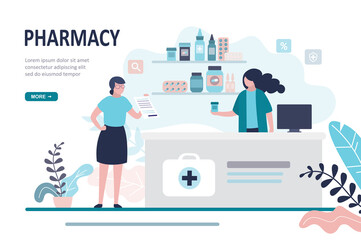 Doctor pharmacist and patient in drugstore. Female character client buying medication in pharmacy. Healthcare and shopping concept.