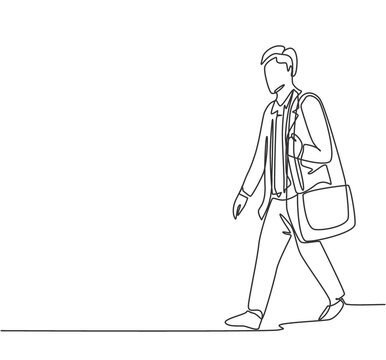 recommend clip art: One single line drawing of young male manager walking relax on city street to go to the office while holding document. Urban commuter worker concept continuous line draw design vector illustration