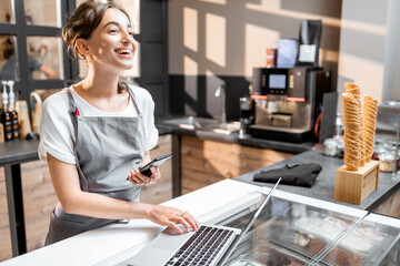 Young saleswoman working with laptop at the counter in ice cream shop or cafe. Concept of a small...