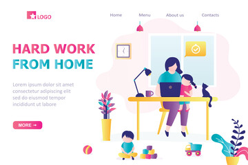 Hard Remote work from home landing page template . Woman at workplace with children. Mom can't work productively. Multitasking concept.