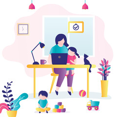Remote work. Woman at workplace with children. Mom can’t work productively, children interfere with concentration.
