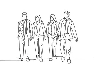 Single continuous line drawing of young businessman and businesswoman walking and talking together on office lobby. Urban commuter workers concept one line draw design vector illustration