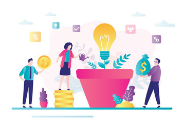 Tiny businesspeople grows business idea. Business characters invest in new idea. Concept making money. Teamwork, development project.