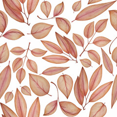 Pink leaves on white background: tender pencil seamless pattern, hand drawn wallpaper design, floral textile print and wrapping paper texture.