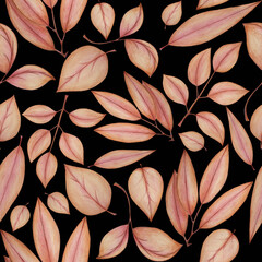 Pink leaves on black background: tender pencil seamless pattern, hand drawn wallpaper design, floral textile print and wrapping paper texture.