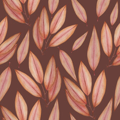 Pink leaves on purple-burgundy background: tender pencil seamless pattern, hand drawn wallpaper design, floral textile print and wrapping paper texture.