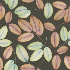 Green and purple leaves on dark-gray background: tender pencil seamless pattern, hand drawn wallpaper design, floral textile print and wrapping paper texture.