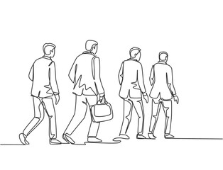 One single line drawing of young male and female employees walking together rushed so as not to be late for work. Urban commuter workers concept continuous line draw design vector graphic illustration