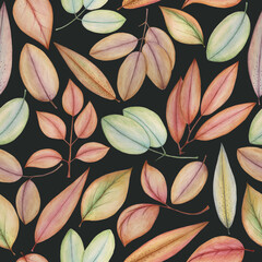 Colorful leaves on black background: tender pencil seamless pattern, hand drawn wallpaper design, floral textile print and wrapping paper texture.