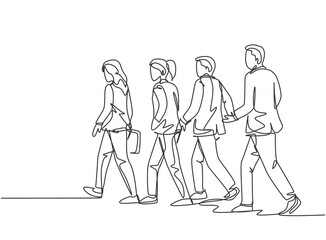 One continuous line drawing of group urban male and female commuters walking every day on city road go to the office. Urban commuter workers concept single line draw graphic design vector illustration