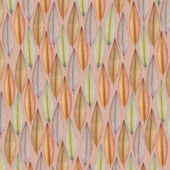 Colorful pencil leaves onlight-pink background: tender square picture, hand drawn greeting cards' design, floral textile print and wrapping paper texture (not seamless).