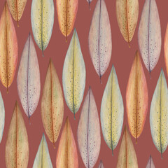 Colorful long leaves on purple background: tender pencil seamless pattern, hand drawn wallpaper design, floral textile print and wrapping paper texture.