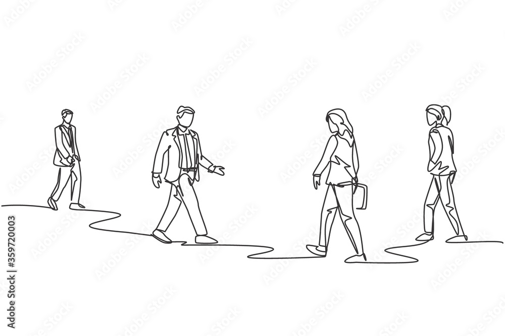 Poster single continuous line drawing of group urban commuters walking pass over and over again on city str