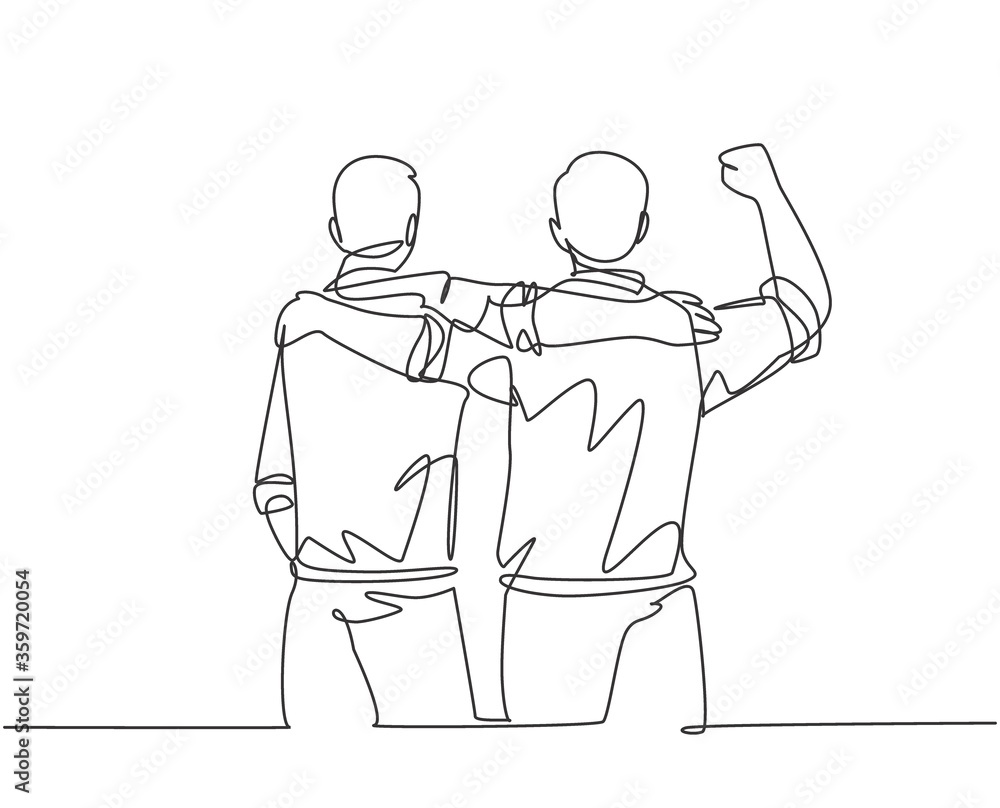 Poster one continuous line drawing of two male workers at the office hugging and supporting each other for 