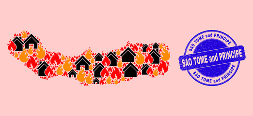 Fototapeta premium Fire and houses collage Sao Miguel Island map and Sao Tome and Principe rubber stamp imitation. Vector collage Sao Miguel Island map is composed with scattered burning homes.