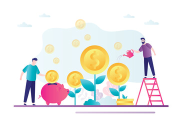 Men's team invests in growth capital and profits. Businessman saves money for promotion in piggy bank