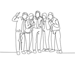 One continuous line drawing of young male and female business people posing hugging each other to celebrate their success. Business goal achievement concept single line draw design vector illustration