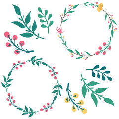 Set of vector botanical elements - 2 wreaths, leaves, flowers, berries. Vector illustration isolated on white background. Collection of floral clip art