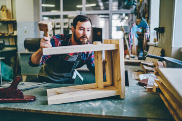Bearded skilled man in apron working with hammer repairing stool in workshop for carpentry...