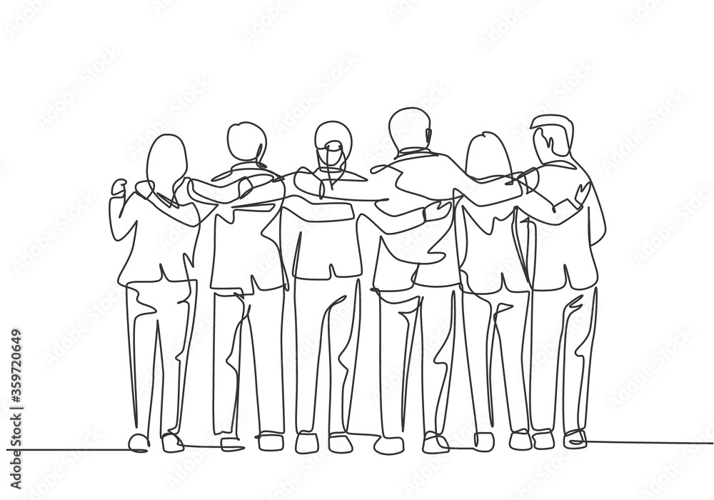Poster one single line drawing about group of men and woman from multi ethnic standing together to show the