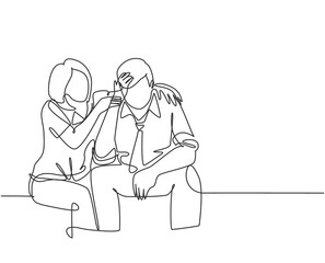 Single continuous line drawing of young female worker hugging and cheering her sad and despair office friend. Work partner support concept. Trendy one line draw design vector graphic illustration