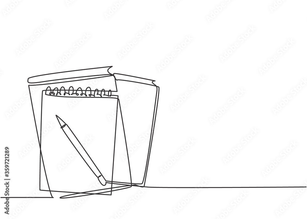 Poster single continuous line drawing of notebook or notepad with a pencil above work desk. writing busines