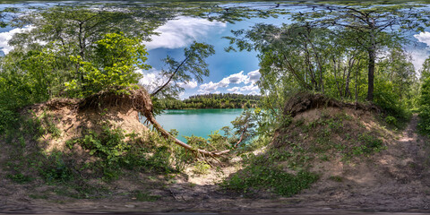 full seamless spherical hdri panorama 360 degrees angle view in pinery forest with clumsy tree roots on coast of huge green lake in equirectangular projection, ready VR AR virtual reality content