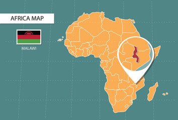 Malawi map in Africa zoom version, icons showing Malawi location and flags. © stu-khaii