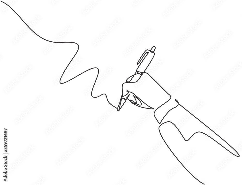 Poster single continuous line drawing of hand gesture draw straight diagonal line. write long zigzag streak