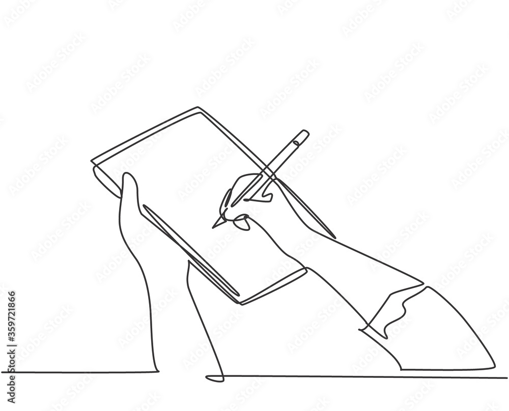 Poster single continuous line drawing of hand gesture fast writing on paper at clipboard. business to do li