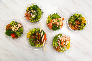 Japanese food seen from above, poke bowls