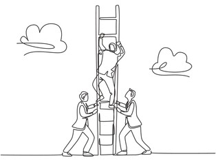 One continuous line drawing of team members support their leader to climb the ladder to reach the sky to reach the success. Trendy business teamwork concept single line draw design vector illustration