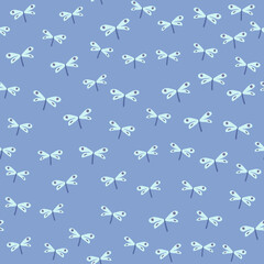 Random dragonfly seamless pattern on blue background. Cute dragonflies wallpaper.