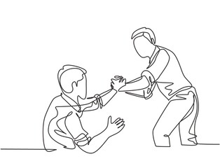 Single continuous line drawing of young happy businessman help to pull out his colleague from failure and rising again. Trendy teamwork support concept one line draw design vector graphic illustration © Simple Line