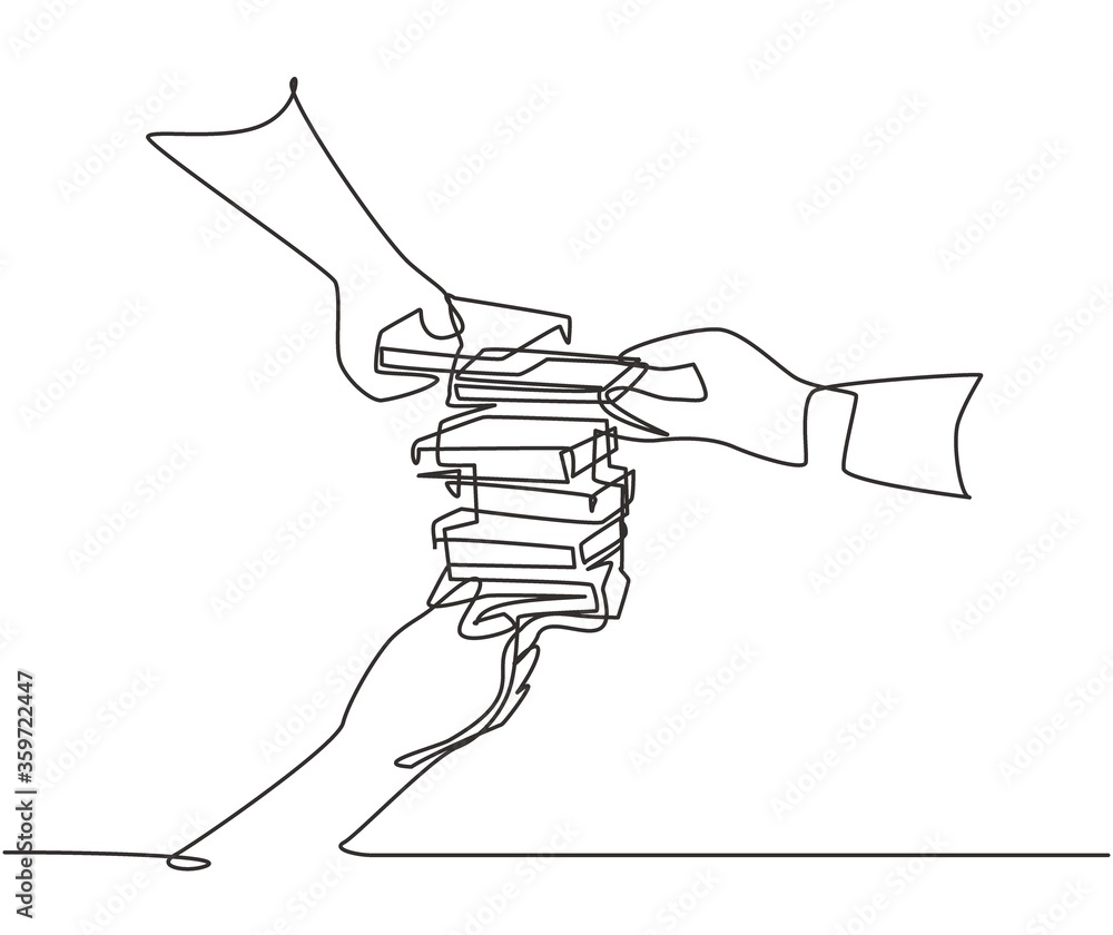 Poster one single line drawing group of happy workers playing wooden balancing block to build a tower while
