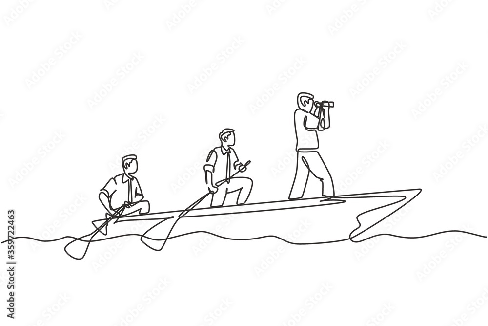 Wall mural One single line drawing of young male team member take a boat heading to an island while the leader navigate them using binocular. Teamwork concept continuous line draw design vector illustration