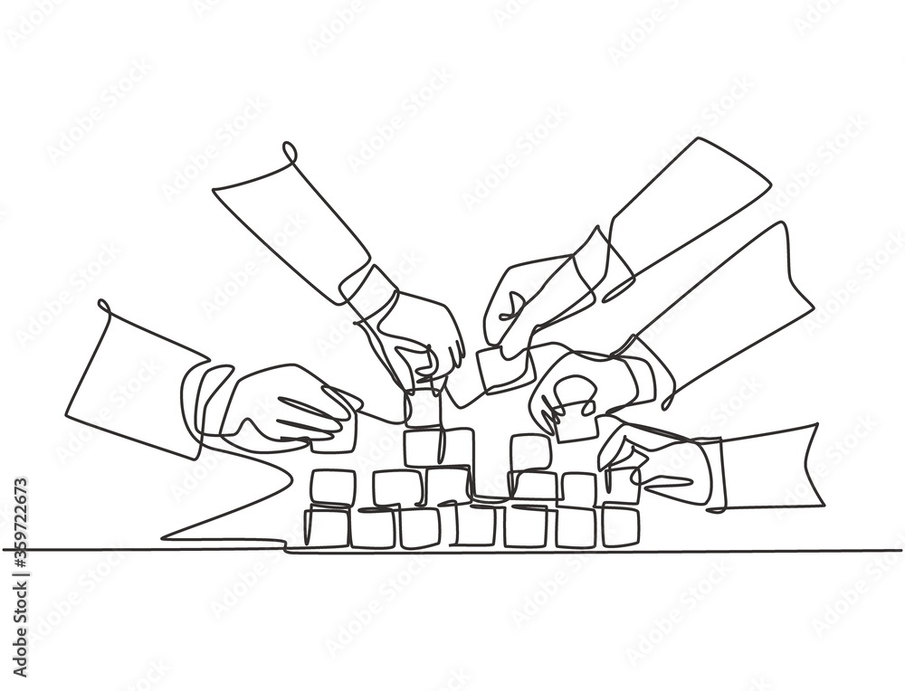 Poster single continuous line drawing of business team member arrange wooden cube block become sturdy tower