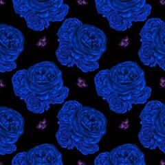 Seamless patter with Blue roses and Bumblebee on black background. Digital illustration.