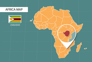 Zimbabwe map in Africa zoom version, icons showing Zimbabwe location and flags.	 - obrazy, fototapety, plakaty