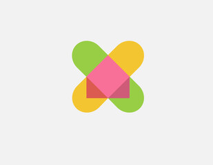 Abstract multicolored logo icon cross and house made of geometric elements.