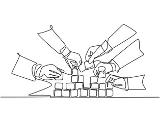 Single continuous line drawing of business team member arrange wooden cube block become sturdy tower together to improve team building. Teamwork concept one line draw design vector illustration
