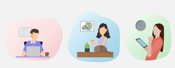 One man and two women work from home. They use laptops, mobile phones, and tablets to connect with others. In the new normal concept Vector from illustrator program.