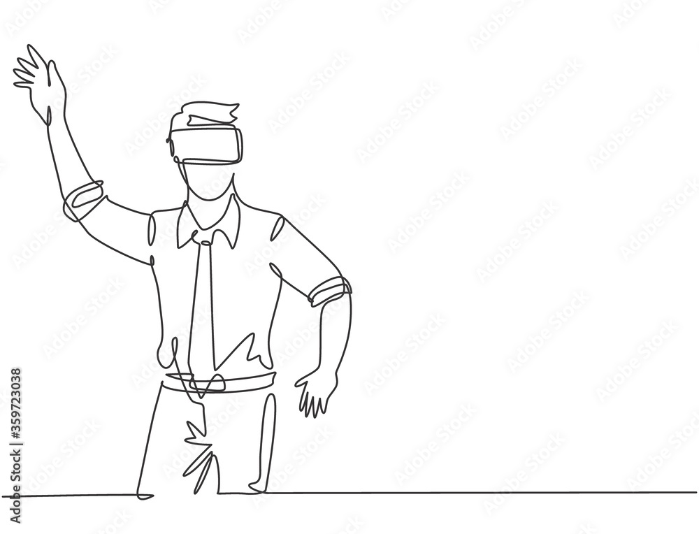 Aufkleber single continuous line drawing of young shock businessman tries to avoid obstacles while playing gam