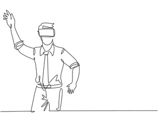 Single continuous line drawing of young shock businessman tries to avoid obstacles while playing game simulation. Virtual reality game player concept one line draw design graphic vector illustration