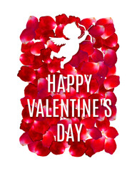 Happy Valentines Day greeting valentine background with frame of red rose petals.