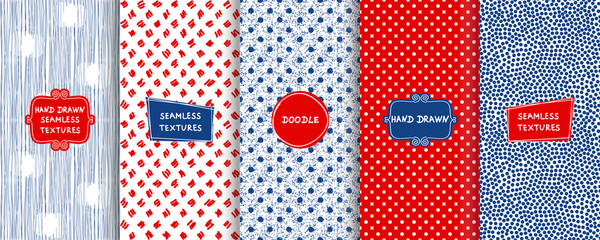 Set of seamless hand drawn polka dot patterns for backgrounds, business cards, web design. Doodle patterns in blue, red and white with trendy modern labels. Vector illustration
