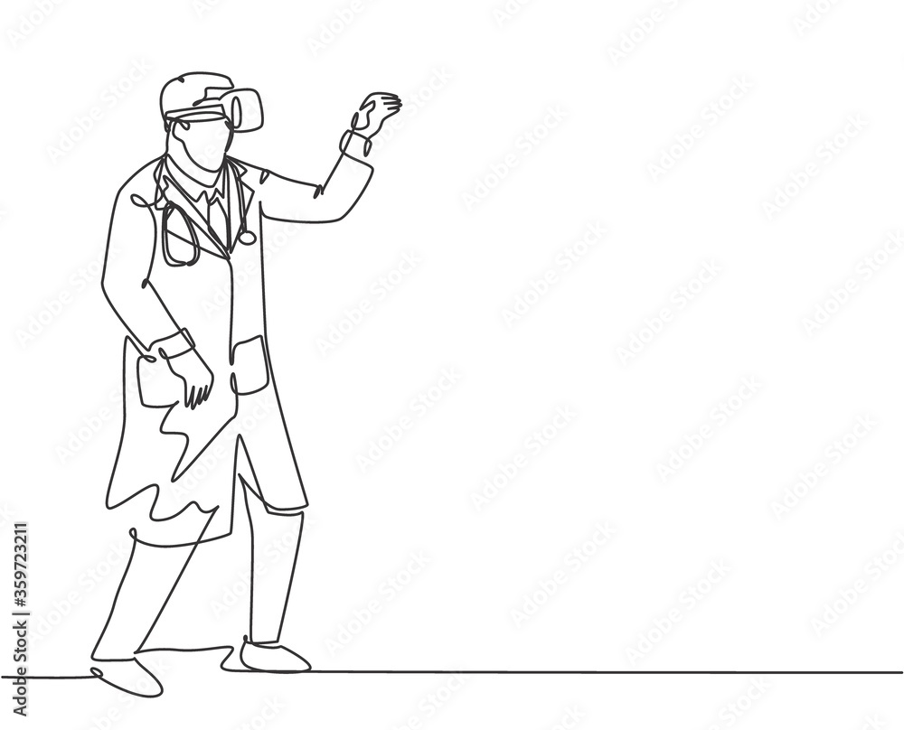 Aufkleber single continuous line drawing of young happy male doctor ready to catch something while playing bus