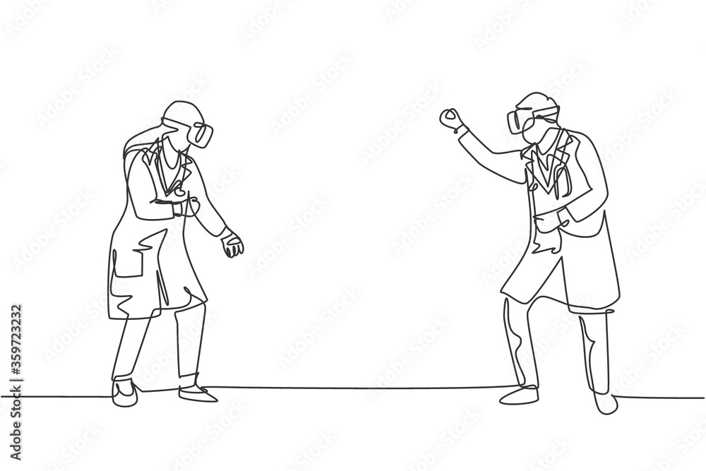 Aufkleber single continuous line drawing of young male and female doctor ready to punch each other while playi